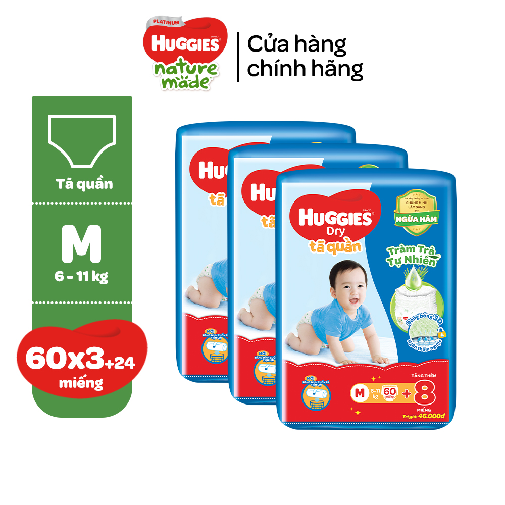 Thùng 3 gói Tã/bỉm quần HUGGIES SKINCARE gói M76+8/L68/XL60/XXL54 (M56/L48/XL40/XXL36+8) + 3 gói khăn ướt 80M