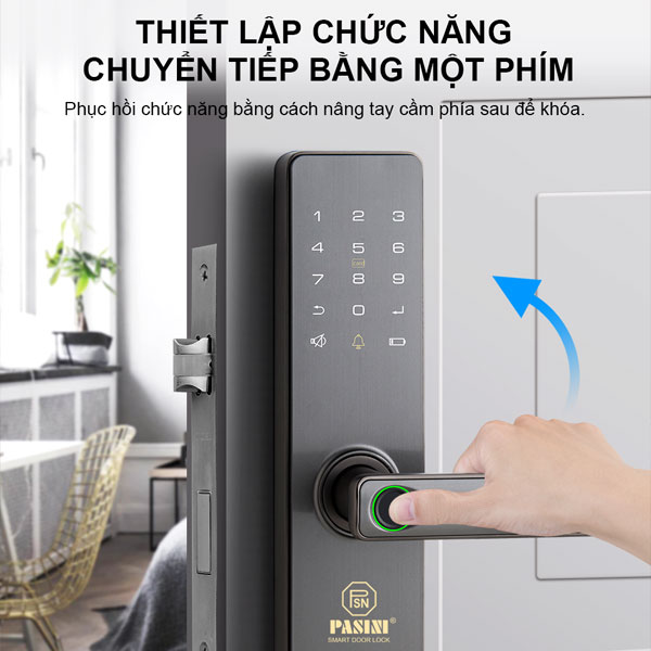 Khóa điện tử thông minh khóa vân tay cửa gỗ PASINI PS01VG50 - Thân khóa tự động, 5 cách mở cửa, mở khoá vân tay - Hàng Chính hãng