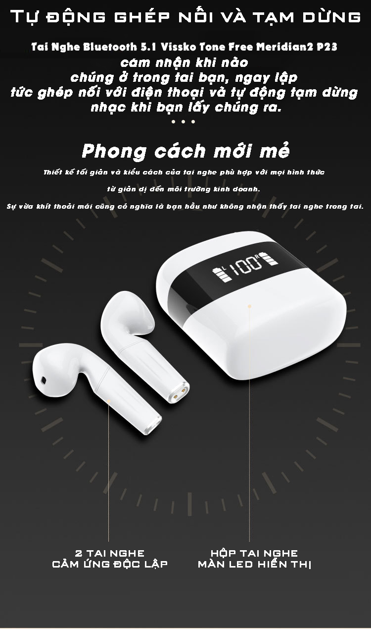 Tai Nghe Bluetooth True Wireless Vissko P23 Meridian Bluetooth 5.0 ( Phiên Bản Nâng Cấp Tone Free Meridian) - Hàng Chính Hãng