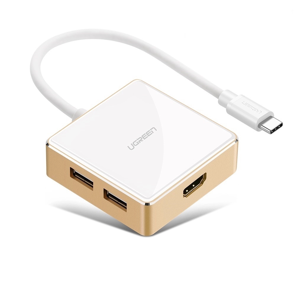 Cáp chuyển đổi USB-C Sang HDMI + USB 3.0 + 2*USB 2.0 + USB-C hỗ trợ sạc Power Delivery (PD) Vỏ nhựa dài 25cm màu Trắng Gold Ugreen TC30441US183 Hàng chính hãng.