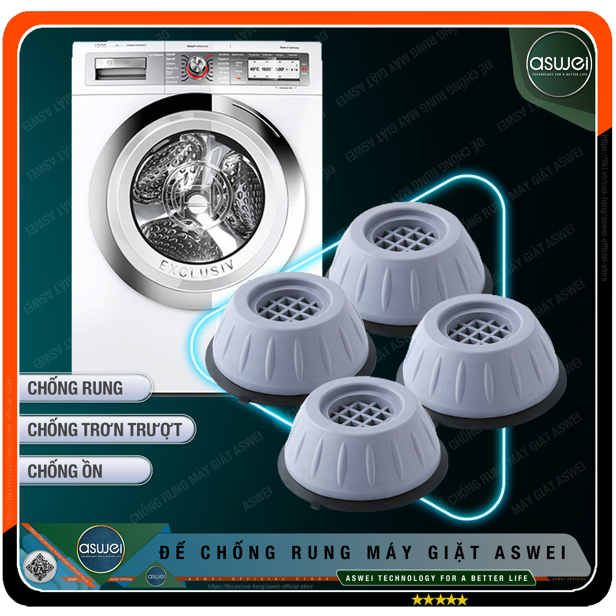 Chân Máy Giặt ASWEI - Bộ 04 Chân Đế Chống Rung Máy Giặt ASWEI - Chống Rung, Chống Ồn, Chống Trơn Trượt - Chân Đỡ Đa Năng Cho Máy Giặt, Tủ Lạnh, Bàn Ghế - Hàng Chính Hãng