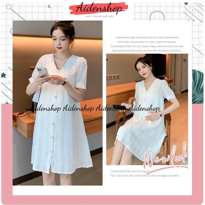 Váy bầu thiết kế công sở Aidenshop Đầm bầu thời trang dáng suông màu trắng chất thô lụa 2 lớp
