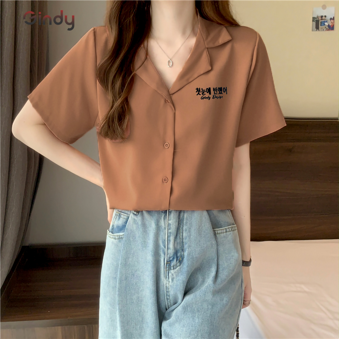Áo sơ mi nữ tay ngắn GINDY cổ vest thêu chữ dáng basic trơn thời trang sơmi công sở, học sinh A029
