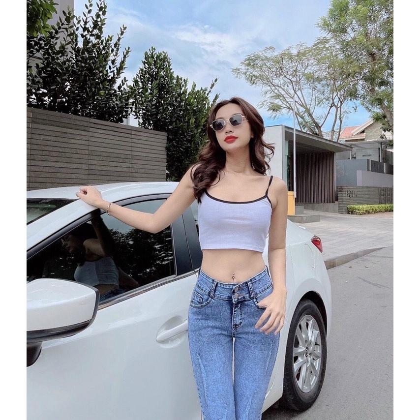 Quần Jeans Nữ Rách Màu Xanh Nhạt Lưng Cao Co Giãn