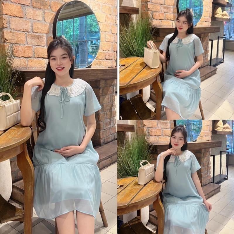 Đầm bầu tiểu thư cổ bèo nhún nhẹ nhàng form đuôi cá trẻ trung chất tơ mềm ( 2 lớp ) - Hồng
