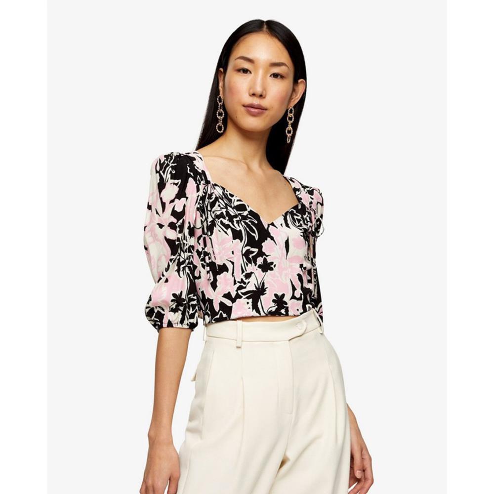 TOPSHOP - Áo kiểu nữ croptop cổ V tay lỡ phối họa tiết hoa 13R02SBLK