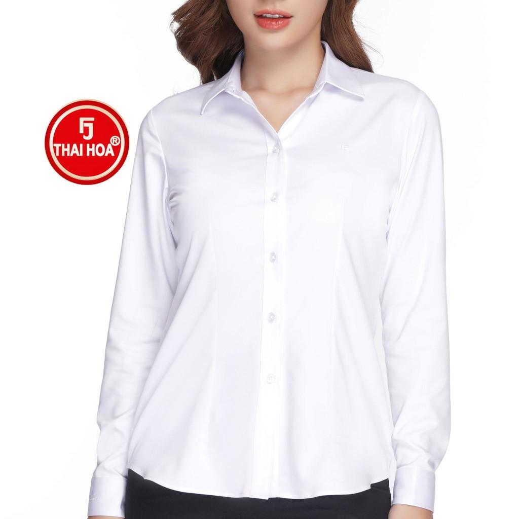 Áo sơ mi nữ Thái Hòa dài tay màu trắng vải cotton thoáng mát 047-01-01