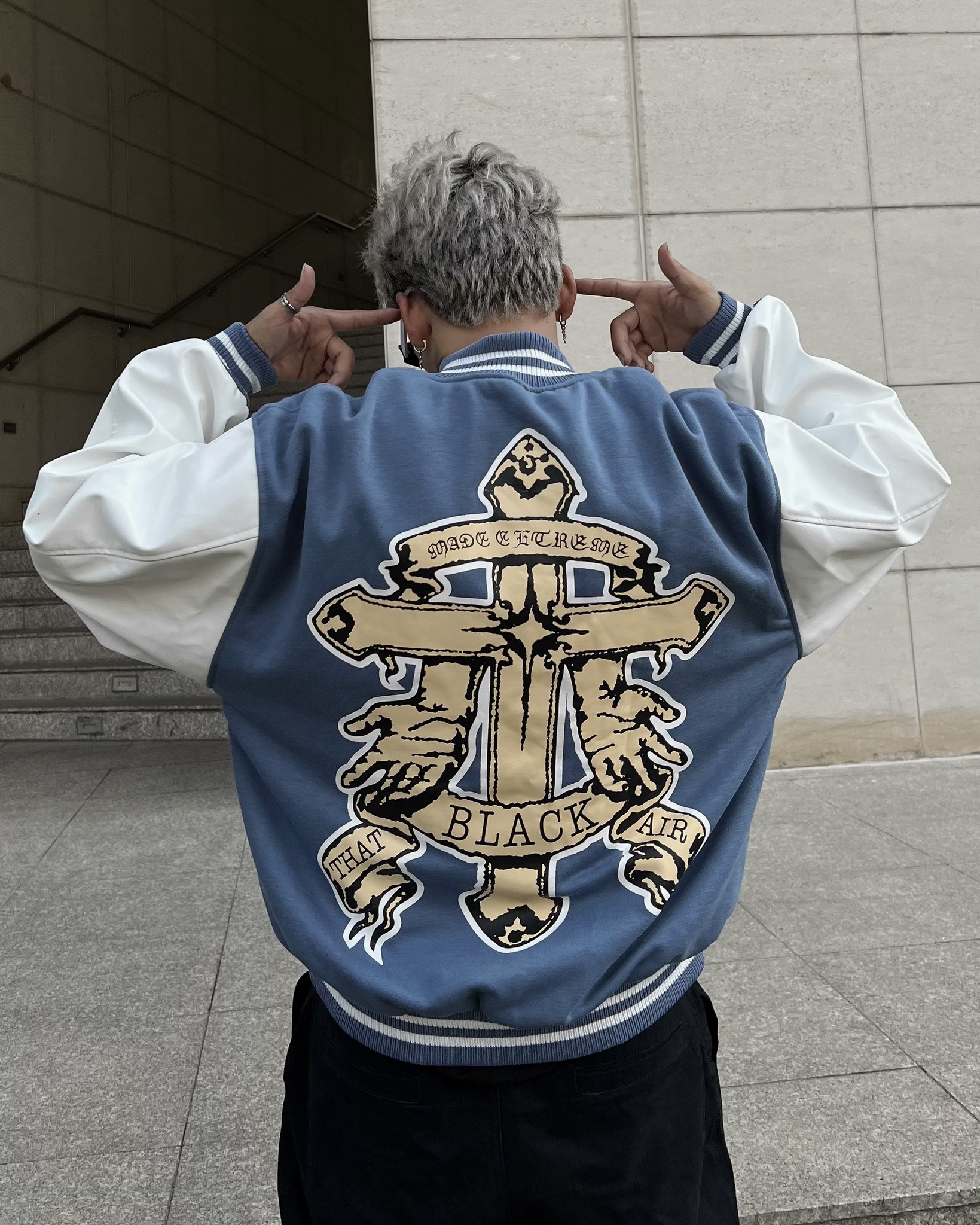Varsity jacket chữ thập Black made extreme nam nữ 2 lớp , áo khoác bóng chày form rộng unisex , bomber tay da pu - Gin Store