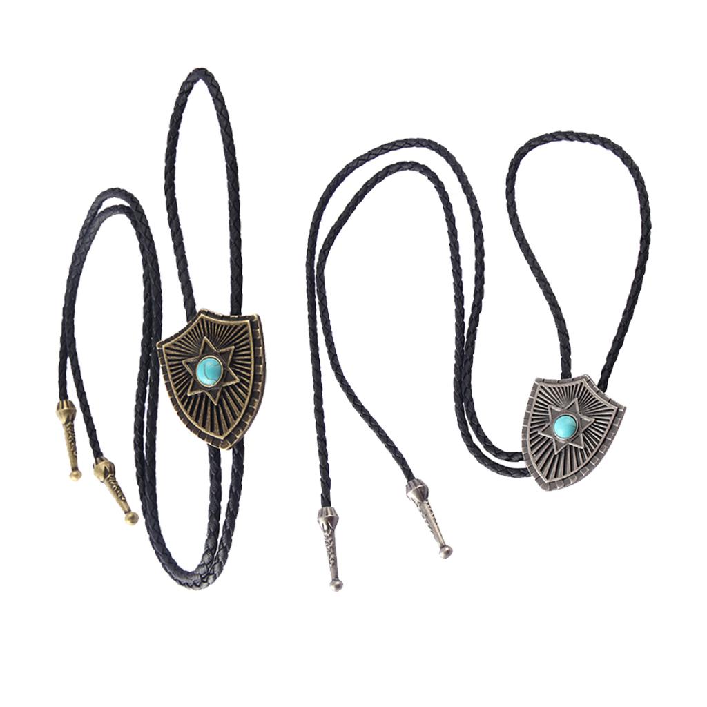 Vintage Turquoise Bolo Tie  Necklace with  Pendant Native  India Western Cowboy Bronze Color - PU Rope