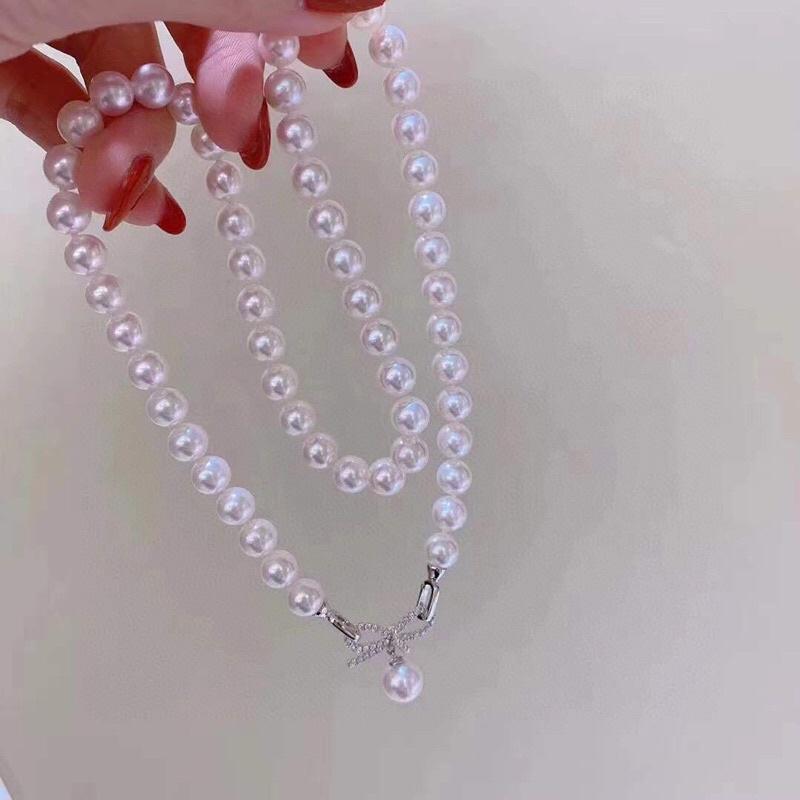 Dây Chuyền Ngọc Trai Thật Nước Ngọt Size 7-8ly Khóa Nơ Bạc - Trường Thịnh Ngọc Trai