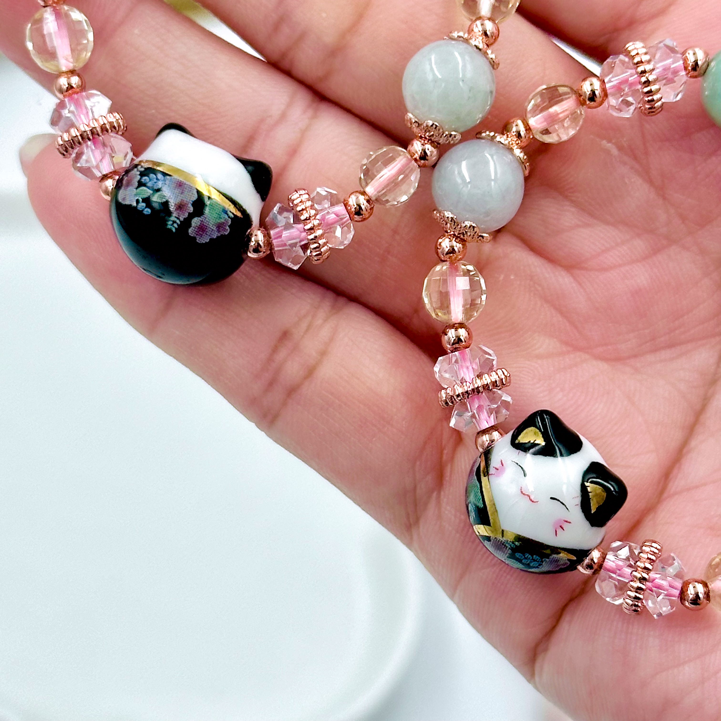 CRZ Bag Charm - Phụ Kiện - Black Porcelain Cat With Jadeite - Móc Khóa Vòng Tay Đá Cẩm Thạch Kèm Charm Mèo Đen Bằng Sứ