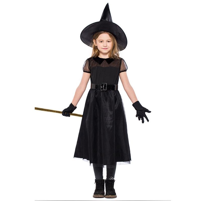 1 Bộ Trẻ Em Bé Gái Phù Thủy Trang Phục Hóa Trang Halloween Lưới Nữ Tay Ngắn Cổ Tích Đầm Nón Dây Lưng Găng Tay Đảng Vai Trò Chơi bộ Trang Phục
