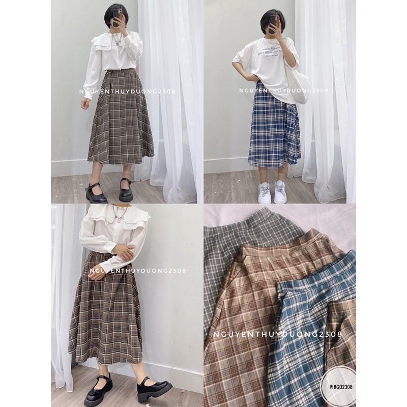 Chân váy kẻ caro dáng dài vintage/Chân váy dài xoè Ulzzang style