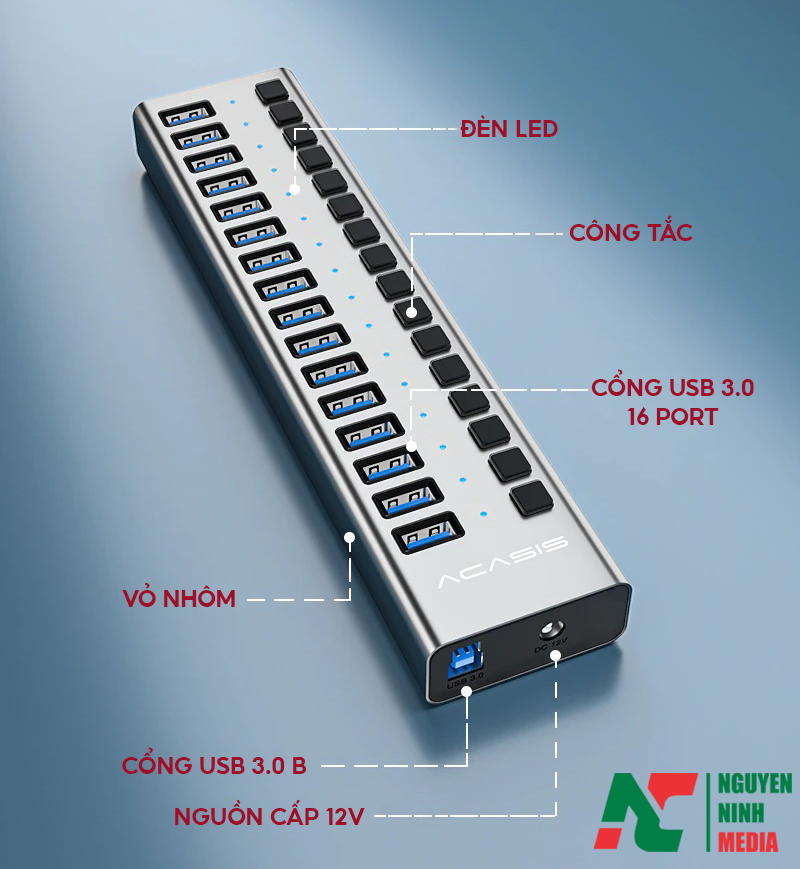 Bộ Chia USB 3.0 16 Cổng ACASIS HS-716MG - Nguồn 12V 7.5A - HUB USB 16 Port 90W - Hàng Chính Hãng