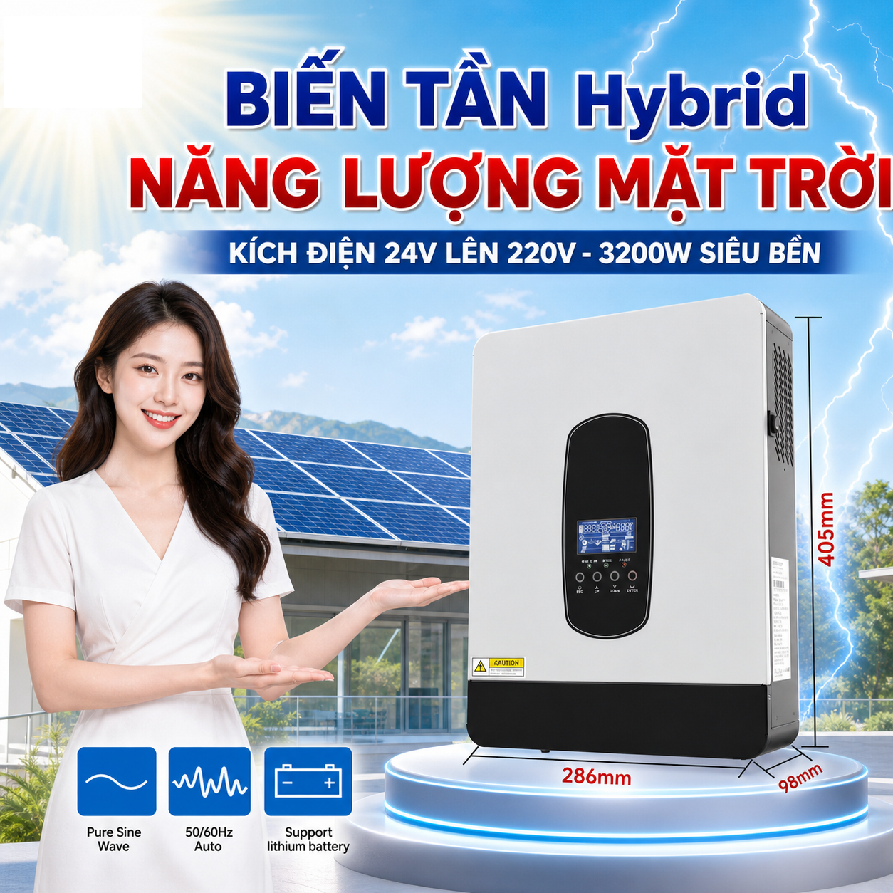Inverter Hybrid 3200W DC24V AC230V Sóng Sin Tinh Khiết Hỗ Trợ Bù Lưới Sạc 80A
