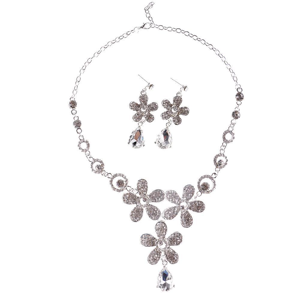 Silver Plated Flower Rhinestone Necklace Earrings Bridal Tiara Jewelry Set