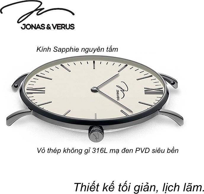 Đồng hồ đeo tay Nam hiệu JONAS & VERUS Y01646-Q3.BBXBB, Máy Pin , Kính Sapphire, Dây Lưới thép không gỉ 316L