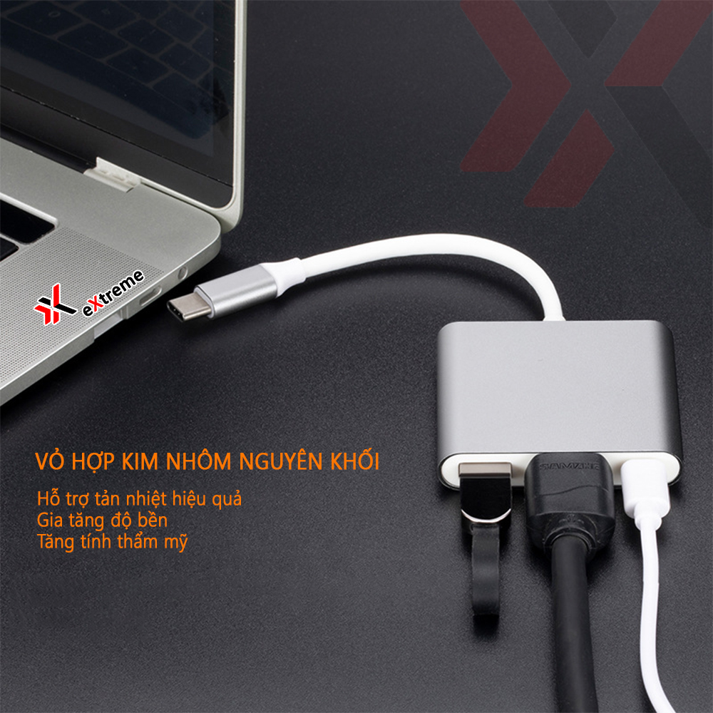 Bộ Chuyển Đổi eXtreme HL3101 Mở Rộng HUB Type-C Sang HDMI USB 3.0 và Type-C Tương Thích Macbook Window - Hợp Kim Nhôm - Hàng chính hãng