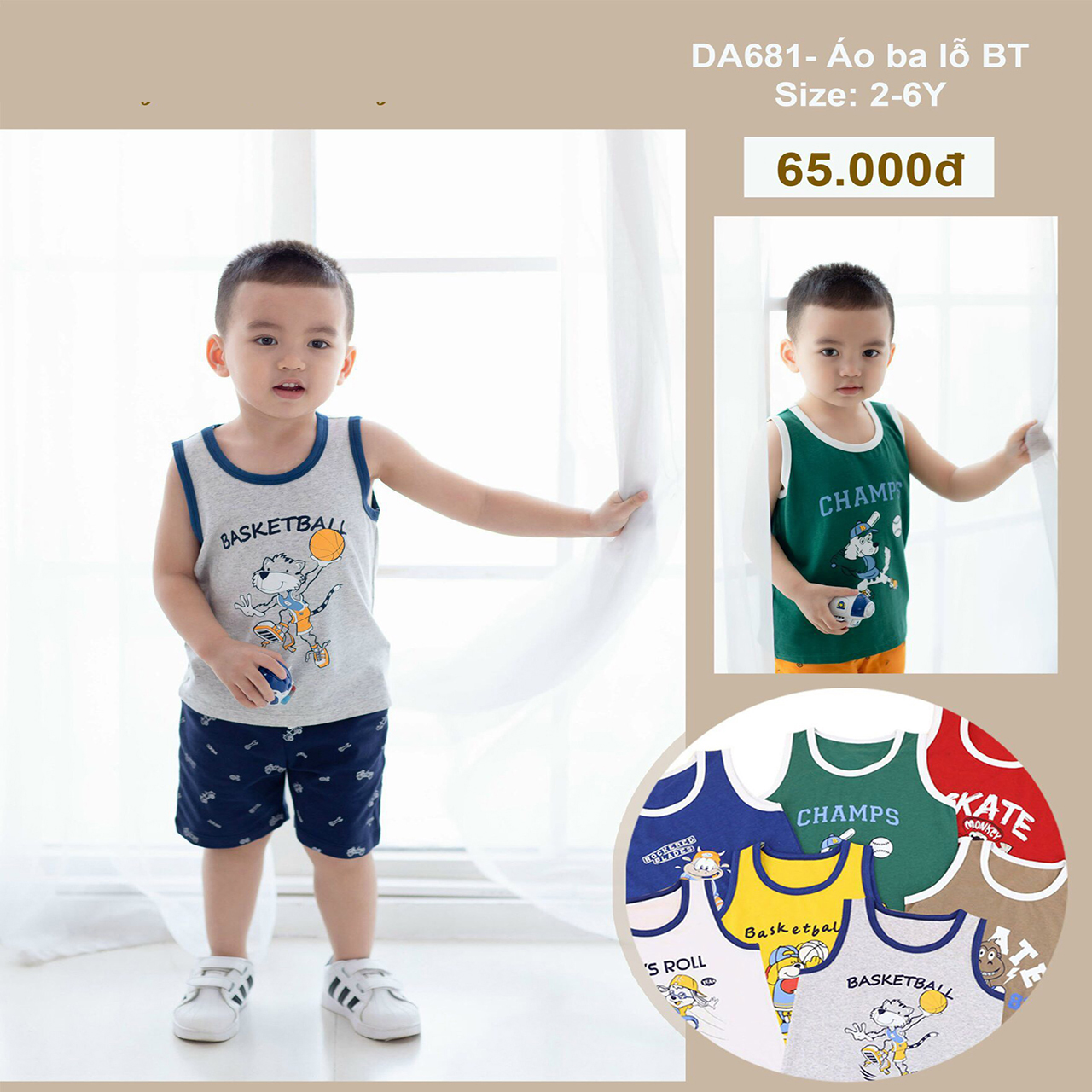 Áo ba lỗ sát nách bé trai sợi tre họa tiết thể thao viền cổ 1-6T