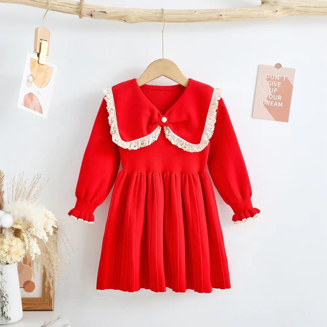 Váy len bé gái 2-7 tuổi cổ phối diềm ren. Đầm len cho bé cao cấp thời trang đanh sợi không bai xù