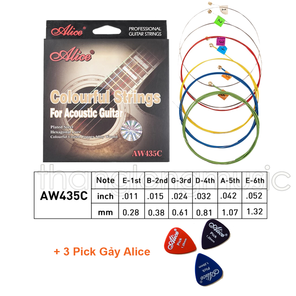 Bộ 6 Dây Đàn Guitar Aooustic Nhiều Màu Alice AW435C Size 11 ( Kèm 3 Pick Alice AP-100Q)