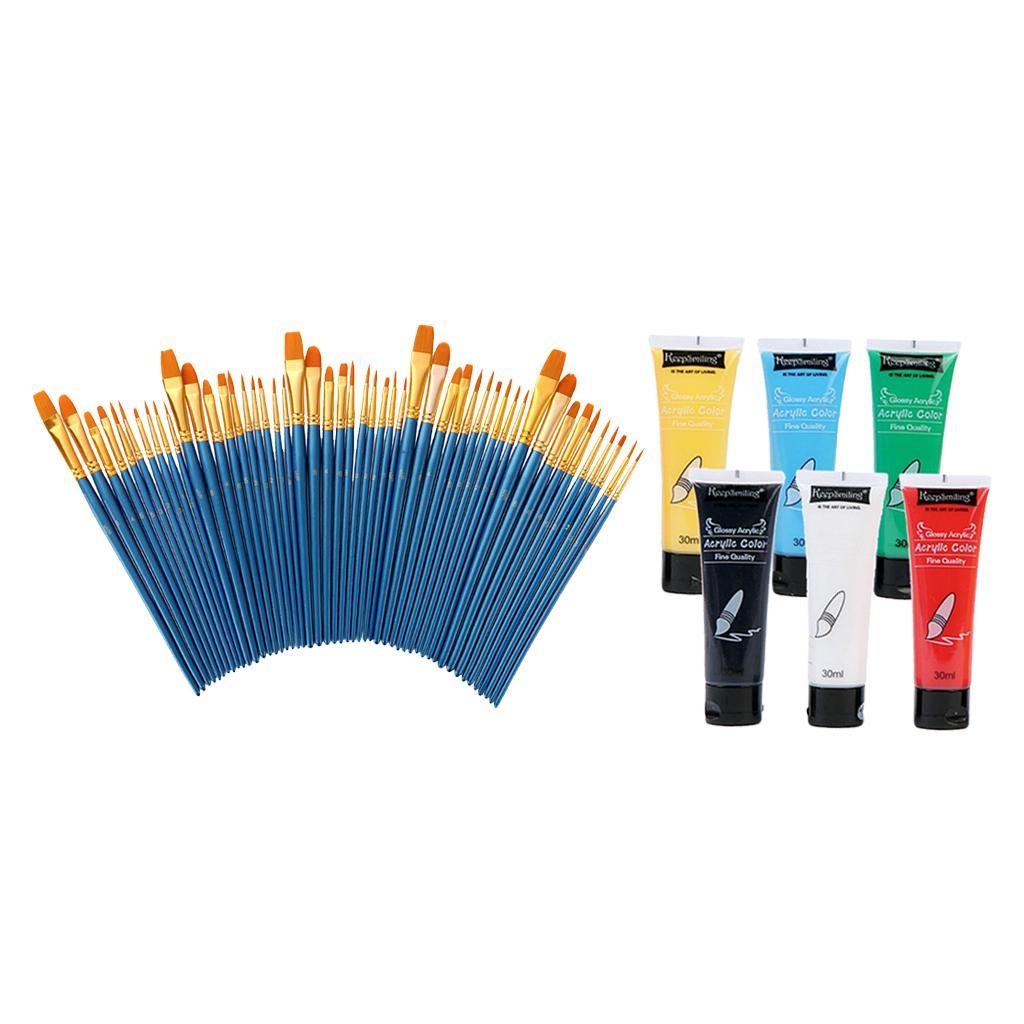 50Pcs Nylon Hair Painting Brush 6 Color Tube Acrylic Paints