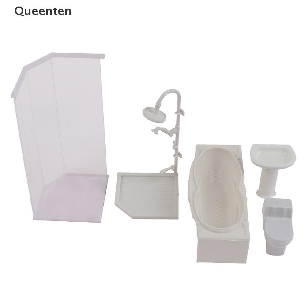 Queenten 1:25 Dollhouse Miniature Bathroom Set Shower Room Toilet Bathtub Sink Model Toy QT