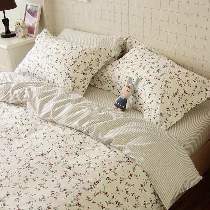 Set Cotton Living 100%cotton Hàng Nhập Khẩu Cao Cấp 4 Món Hoa Vintage Nhí Trắng