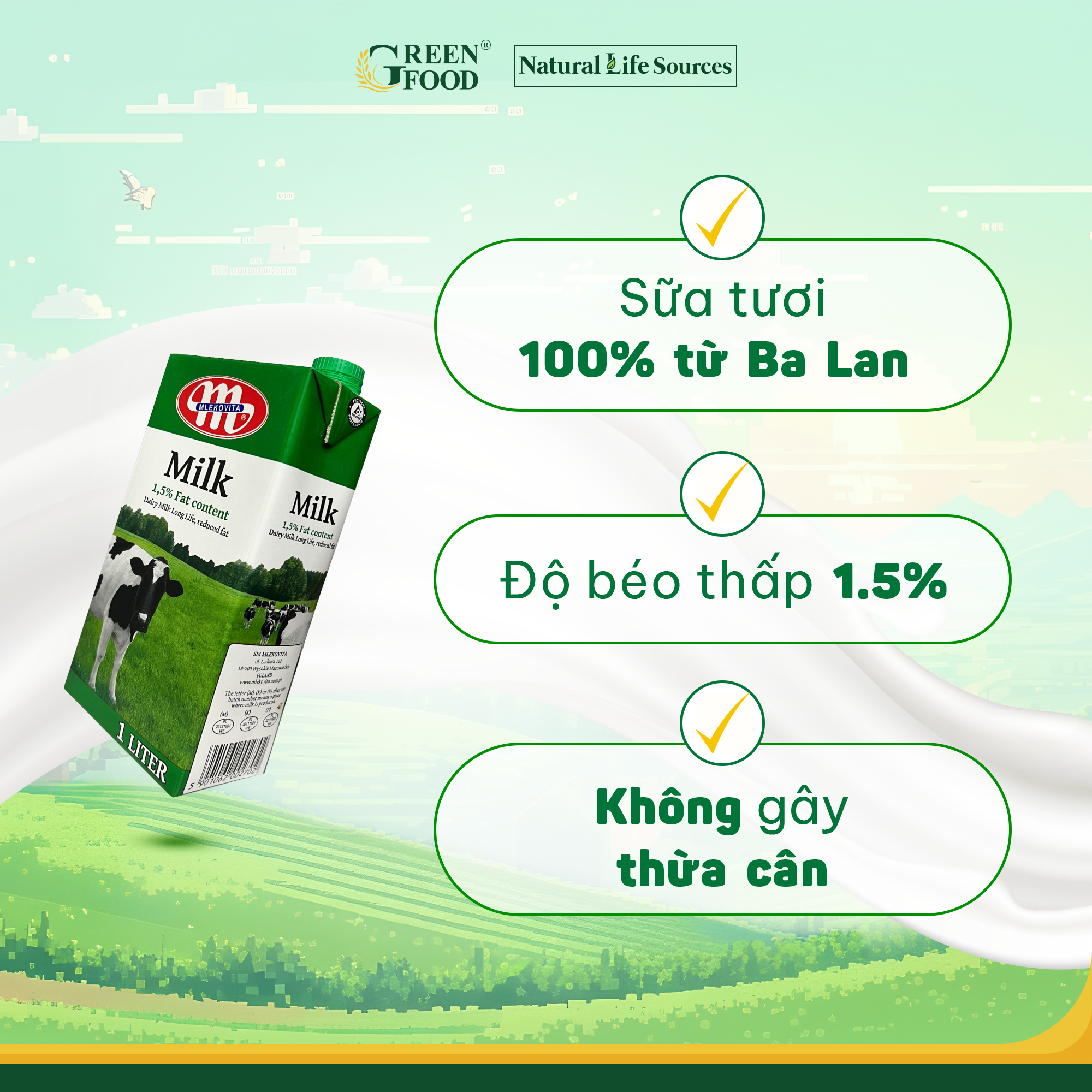 Sữa Tươi Tiệt Trùng Mlekovita Ít Béo 1L - 1.5% Béo, Phù Hợp Ăn Kiêng, Không Gây Thừa Cân, Nhập khẩu từ Ba Lan