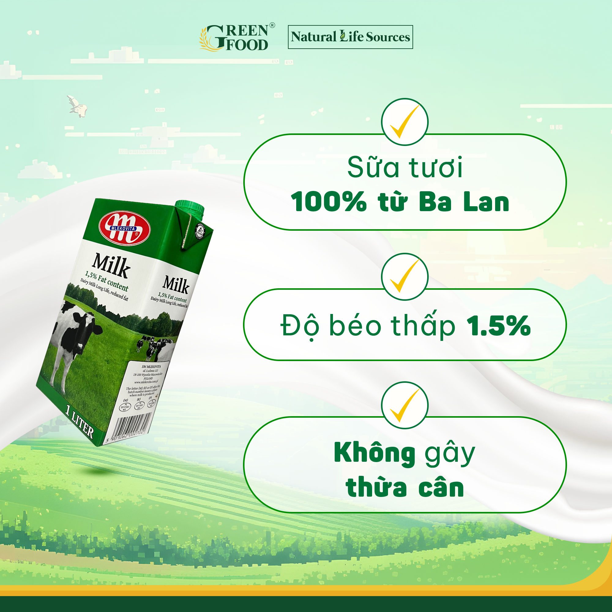 Combo 4 Hộp Sữa Tươi Tiệt Trùng Mlekovita Ít Béo 1L - 1.5% Béo, Hỗ Trợ Giảm Cân Ăn Kiêng, từ Ba Lan