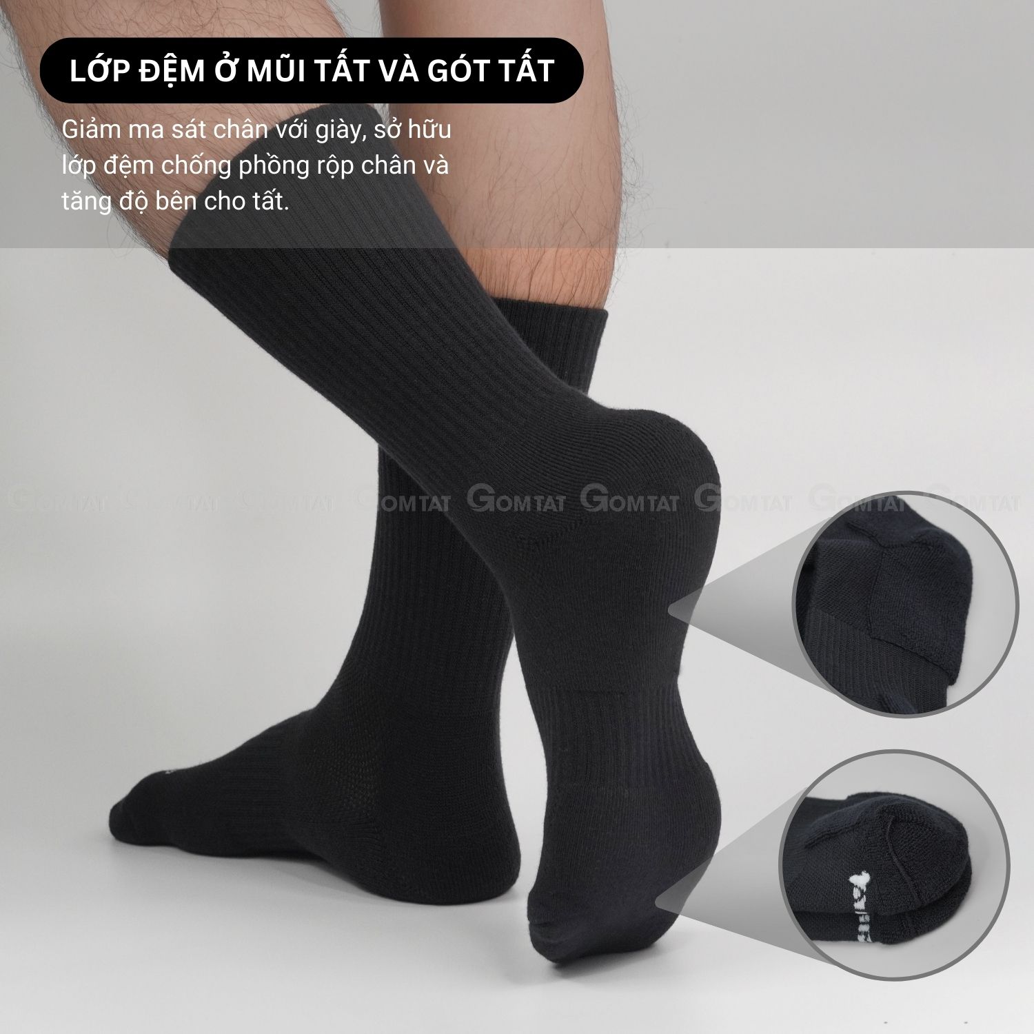 Combo 5 đôi tất đen nam nữ GOMTAT có đệm xù êm chân, sợi cotton dày dặn, khử mùi kháng khuẩn - NGAN-STA-5009-DEN-CB5