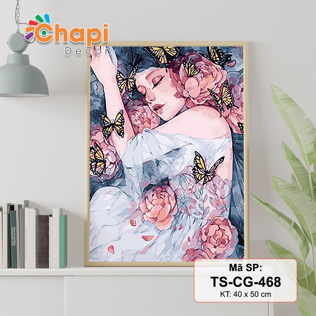 Tranh tô màu số hóa Cô Gái Tóc Hoa, Nàng Thơ KT 40x50cm đã căng khung, Có dầu bóng