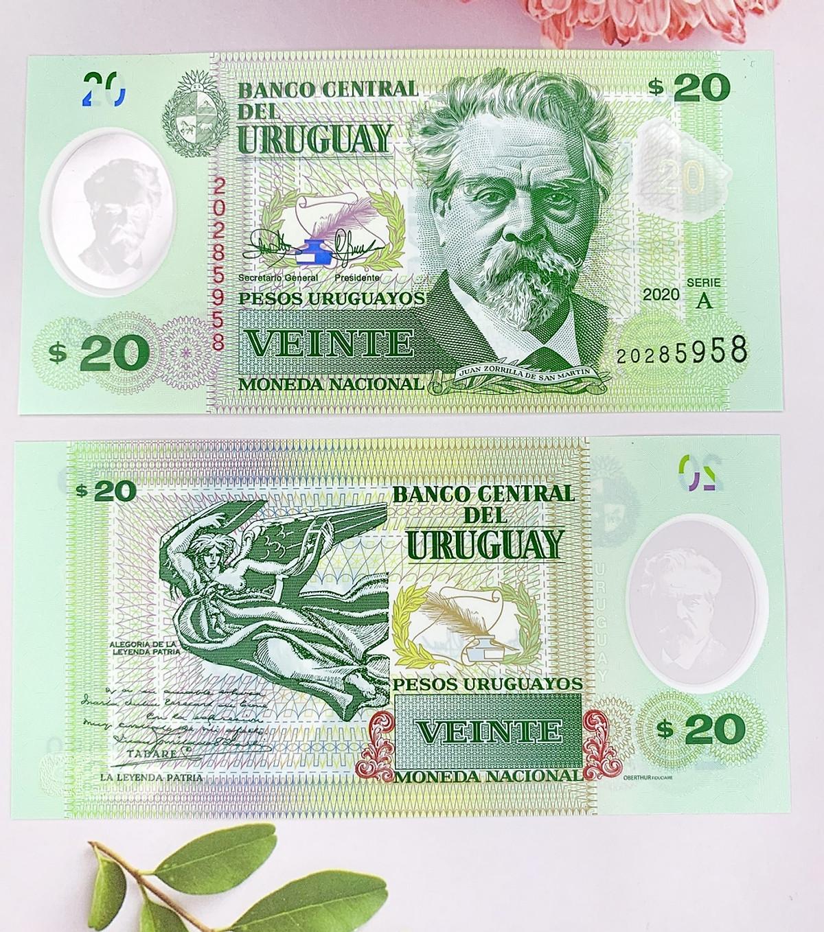 Tiền 20 Pesos của Uruguay ở Nam Mỹ , tiền Polyme , tặng túi nilon bảo quản tiền