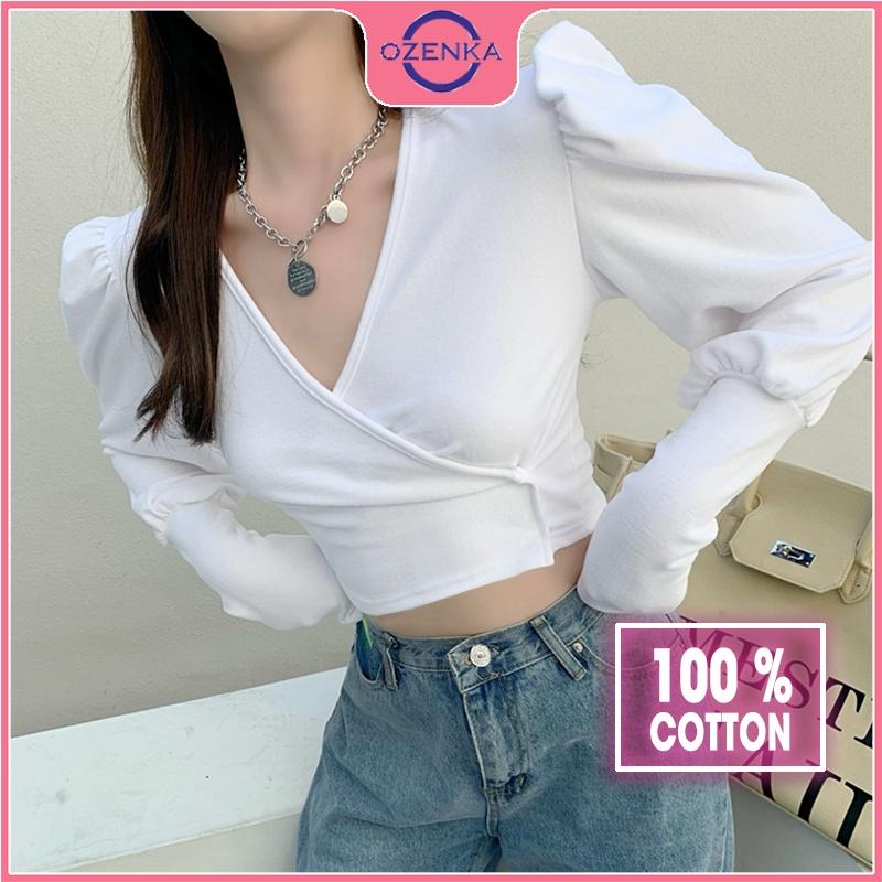 Áo croptop cổ v vai bồng tay dài nữ OZENKA crt ôm body vải thun gân 100% cotton cho người bắp tay to dưới 50 kg