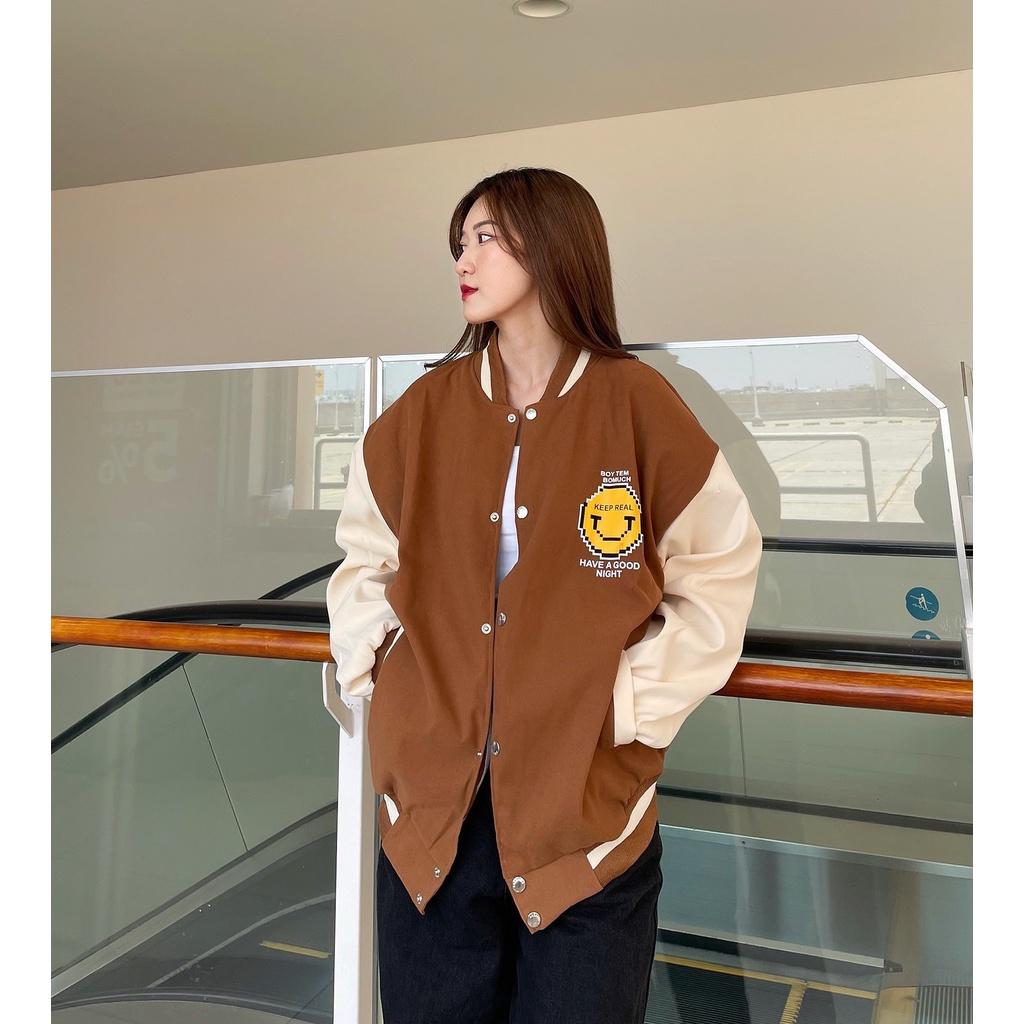 Áo Khoác Bomber Da Lộn 2 Lớp Cao Cấp, Kiểu Dang Trẻ Trung in Mặt Cười FOOR