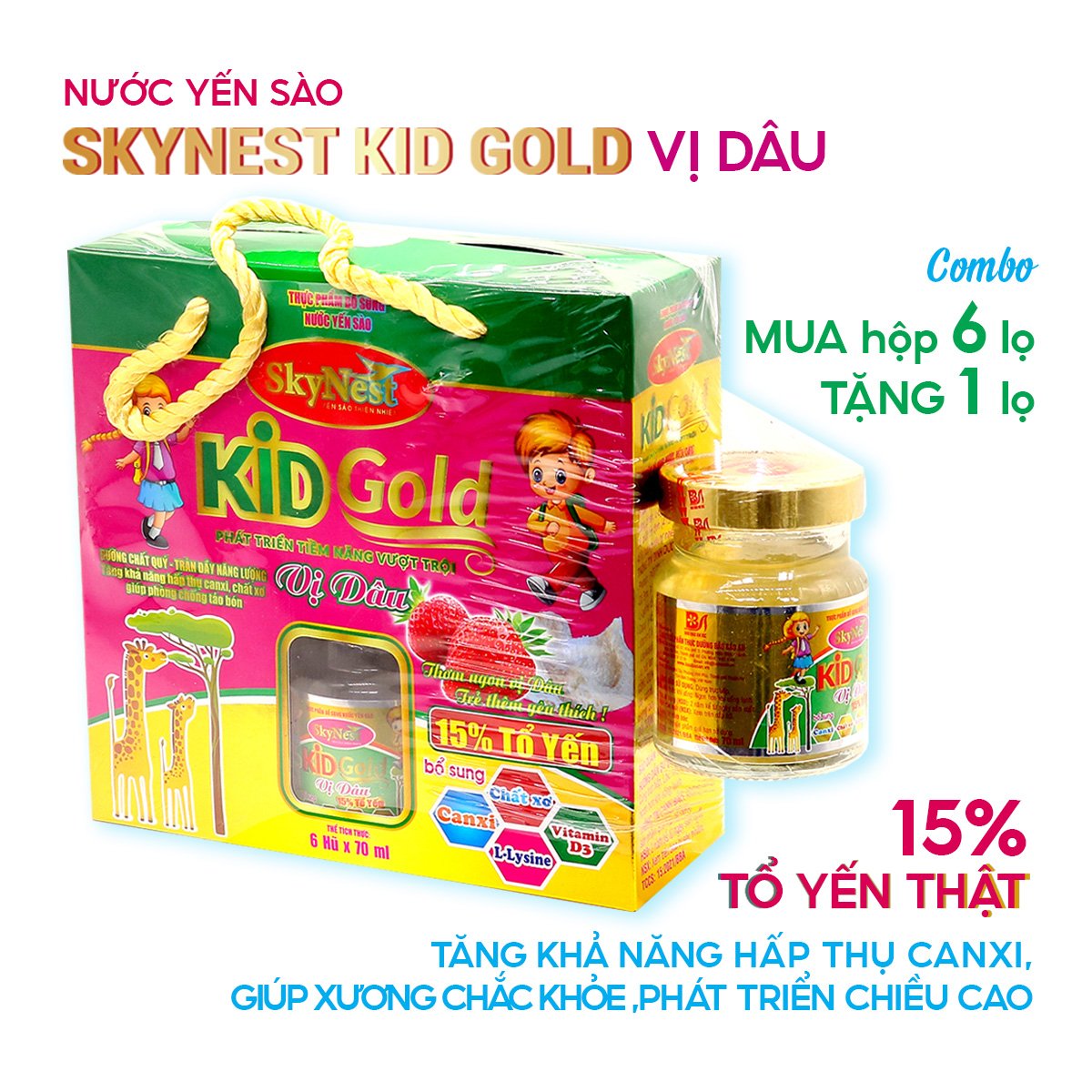 MUA HỘP 6 TẶNG 1 - Nước yến sào SkyNest Kid Gold vị dâu cho trẻ nhỏ 15% Tổ yến