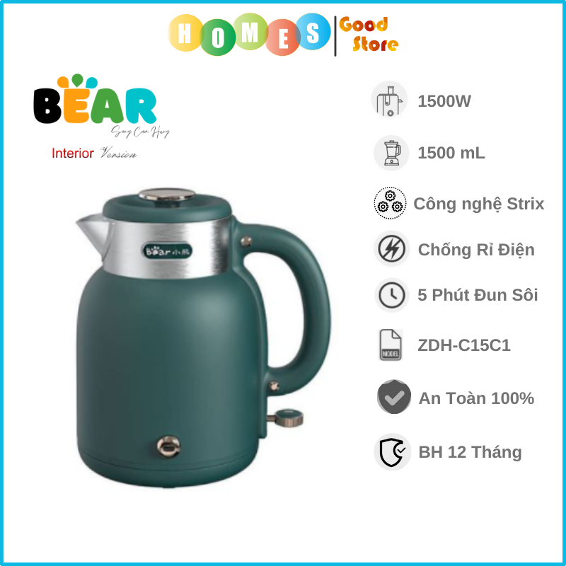 Ấm Siêu Tốc, Bình Đun Siêu Tốc Phong Cách Cổ Điển Cách Nhiệt, Sang Trọng BEAR ZDH-C15C1 Dung Tích 1.5 Lít, Công Suất 1500 W - Hàng Chính Hãng