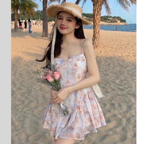 Váy Hai dây NaNo Studio mùa hè 2021 phong cách mới rắn màu đầm xẻ hông Dây xích ôm sát cổ chữ U nữ đầm basic