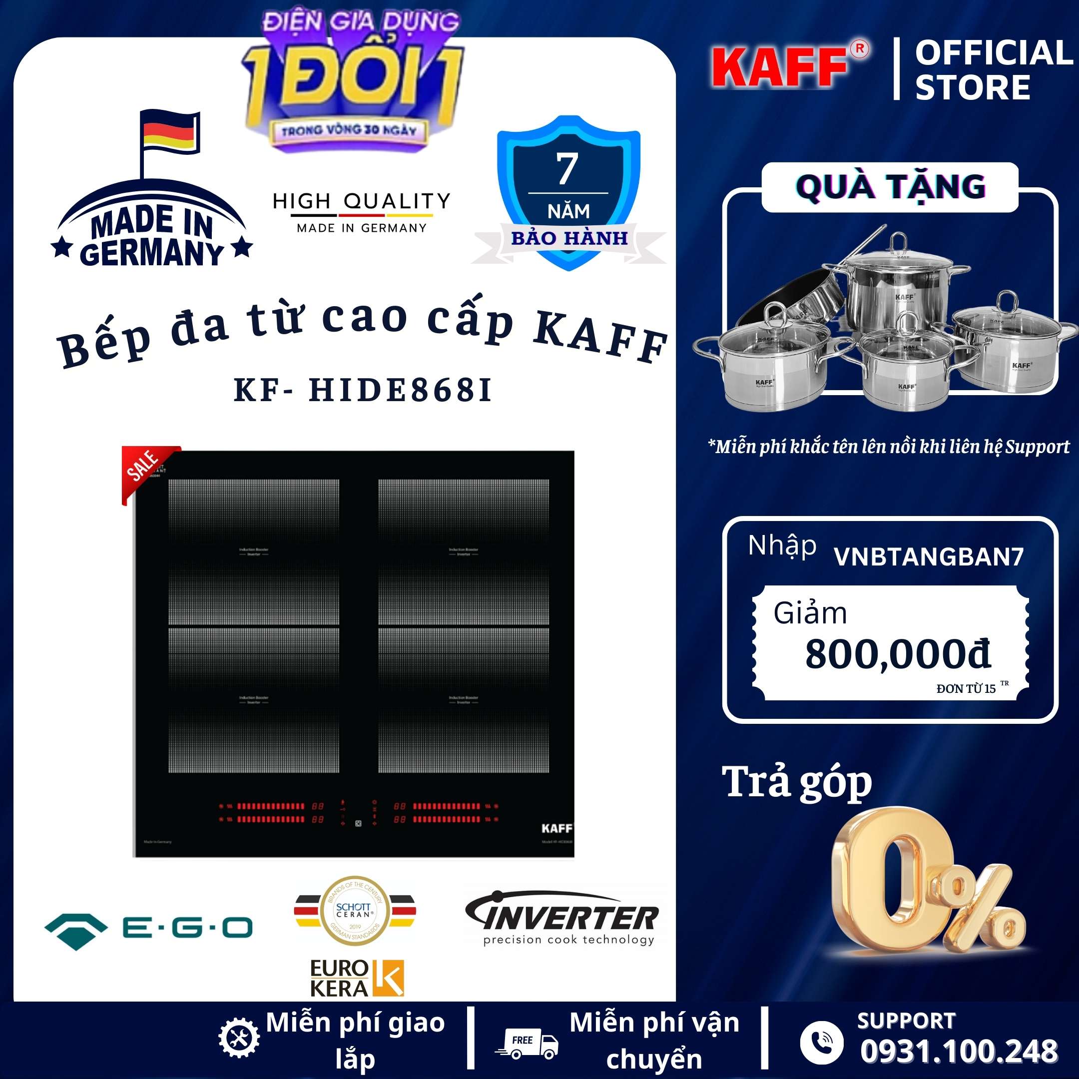 Bếp âm đa từ 4 vùng nấu nhập khẩu Germany KAFF KF–HIDE868I - Hàng Chính Hãng