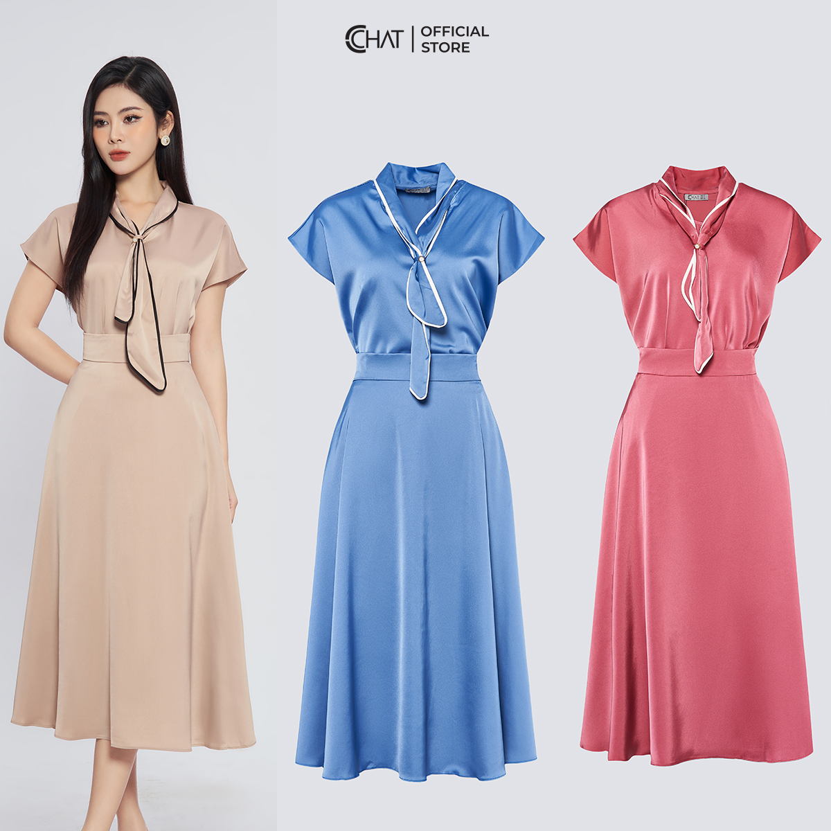 Set Đồ Nữ  Vai Dơi Cổ Buộc Nơ Chất Lụa Cao Cấp Mềm Mịn 13BNL8001XT