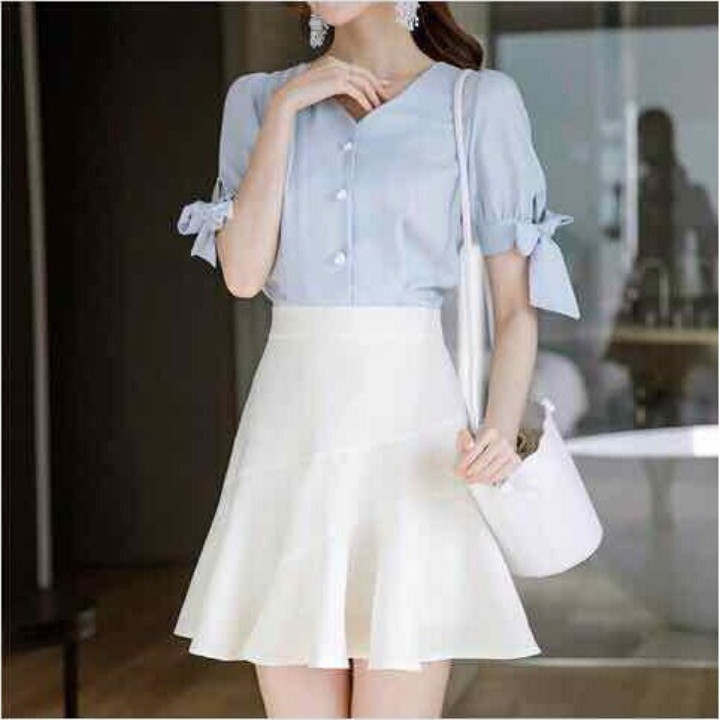 Áo kiểu nữ tay buộc nơ cổ V xinh xắn - mặc đi làm, đi tiệc form dáng chuẩn