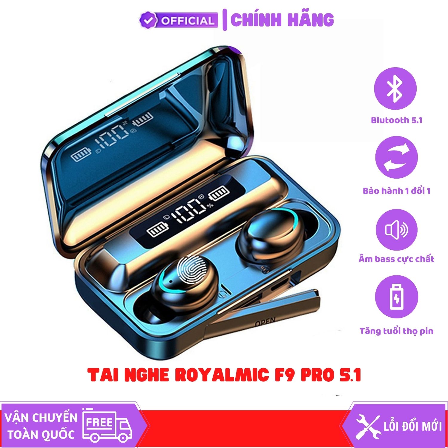 Tai nghe bluetooth ROYALMIC F9 Pro 5.0 - Tai nghe nhét tai kết nối không dây phiên bản quốc tế - Âm bass êm và sâu, chip AIC chống gây chói tai - Thiết kế thời thượng, hiện đại - Hàng Chính Hãng