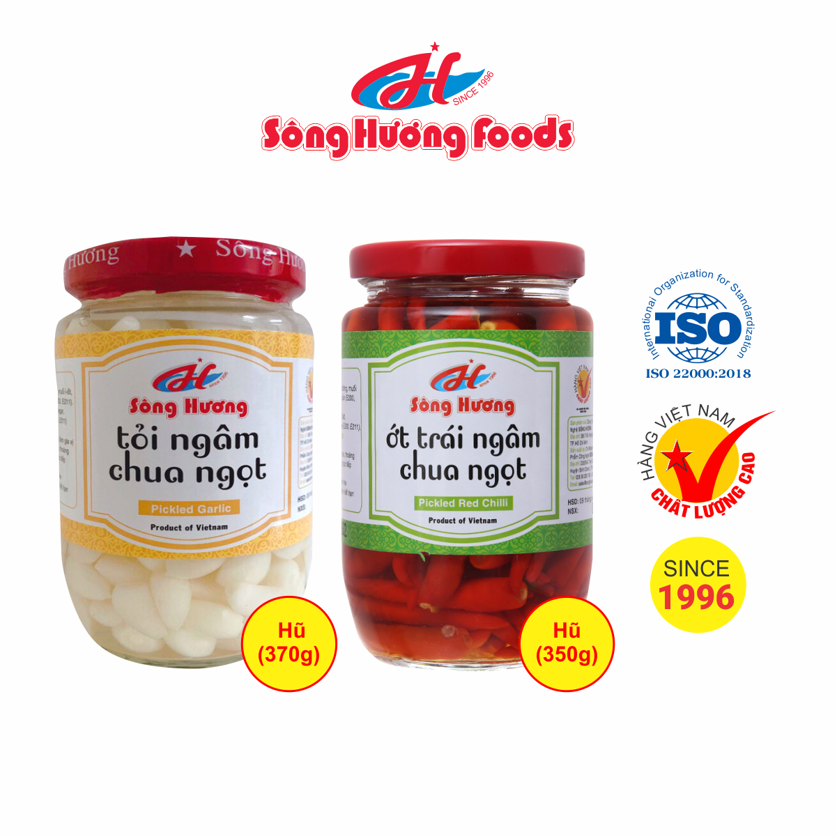 Combo 1 Hũ Tỏi Ngâm Chua Ngọt 370g + 1 Hũ Ớt Trái Ngâm Chua Ngọt 350g Sông Hương Foods