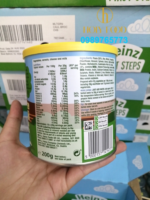 Bột Heinz Vị Ngũ cốc, Súp lơ, Bông cải và Phô mai cho bé ăn dặm từ 6 tháng tuổi, Gluten Free, DATE 11/2024