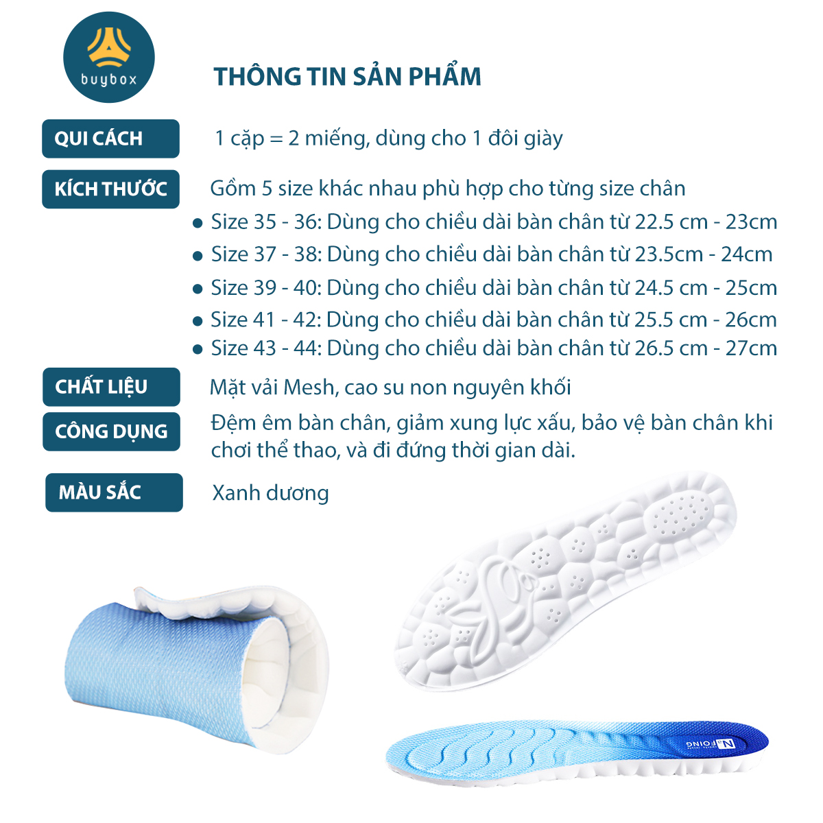 Lót giày nam nữ êm chân chất liệu vải mesh cấu trúc vòm nâng đỡ lòng bàn chân, massage các huyệt đạo - buybox - BBPK364