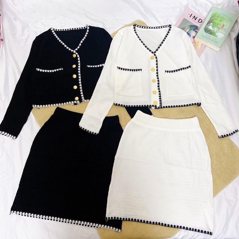 Set áo mix chân váy len viền cúc thanh lịch