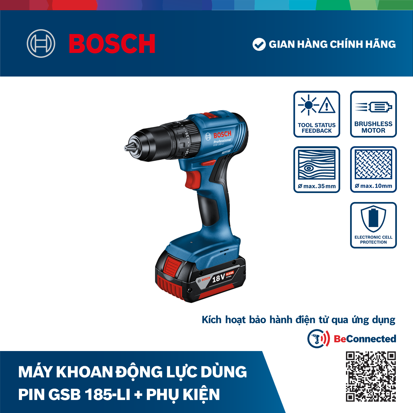 Hình ảnh Máy khoan động lực dùng pin Bosch GSB 185-LI và Phụ kiện