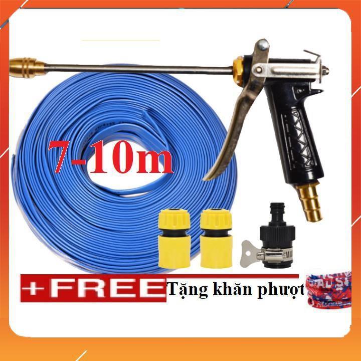 Bộ dây vòi xịt nước rửa xe, tưới cây , tăng áp 3 lần, loại 7m, 10m 206318 đầu đồng, cút,nối đen+ khăn phượt