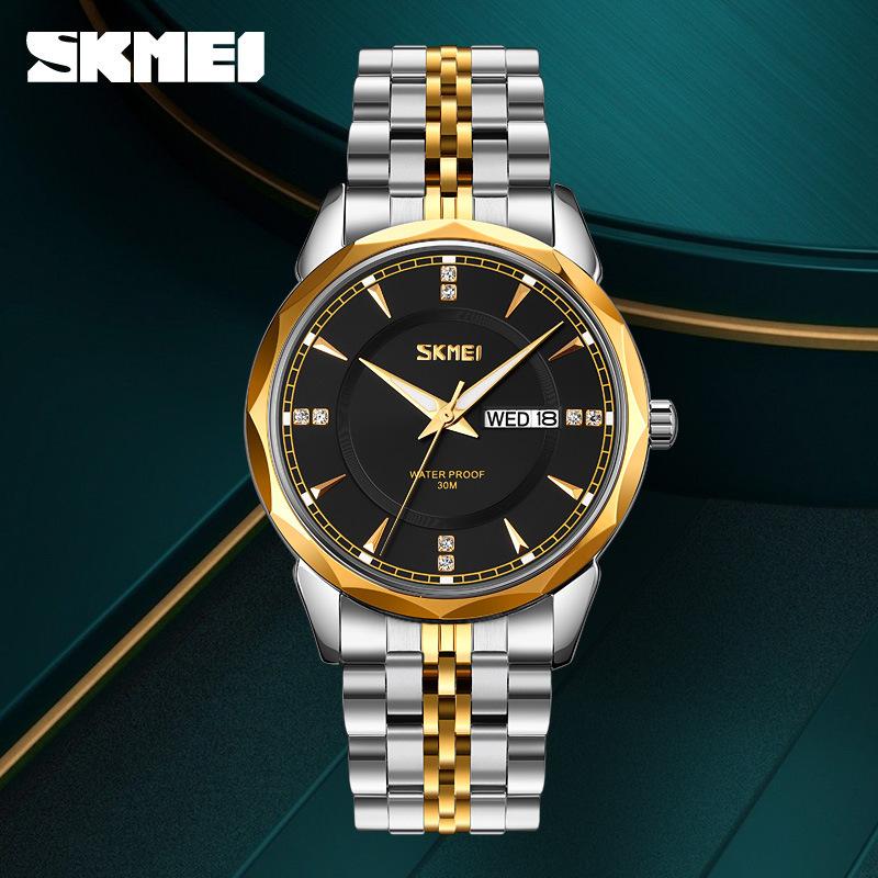 Phong Cách Mới Nhất Skmei Moment Beauty Thời Trang Dây Thép Không Gỉ Chắc Chắn Nam Lịch Kép Chống Nước Phong Cách Doanh Nhân Đồng Hồ Thạch Anh