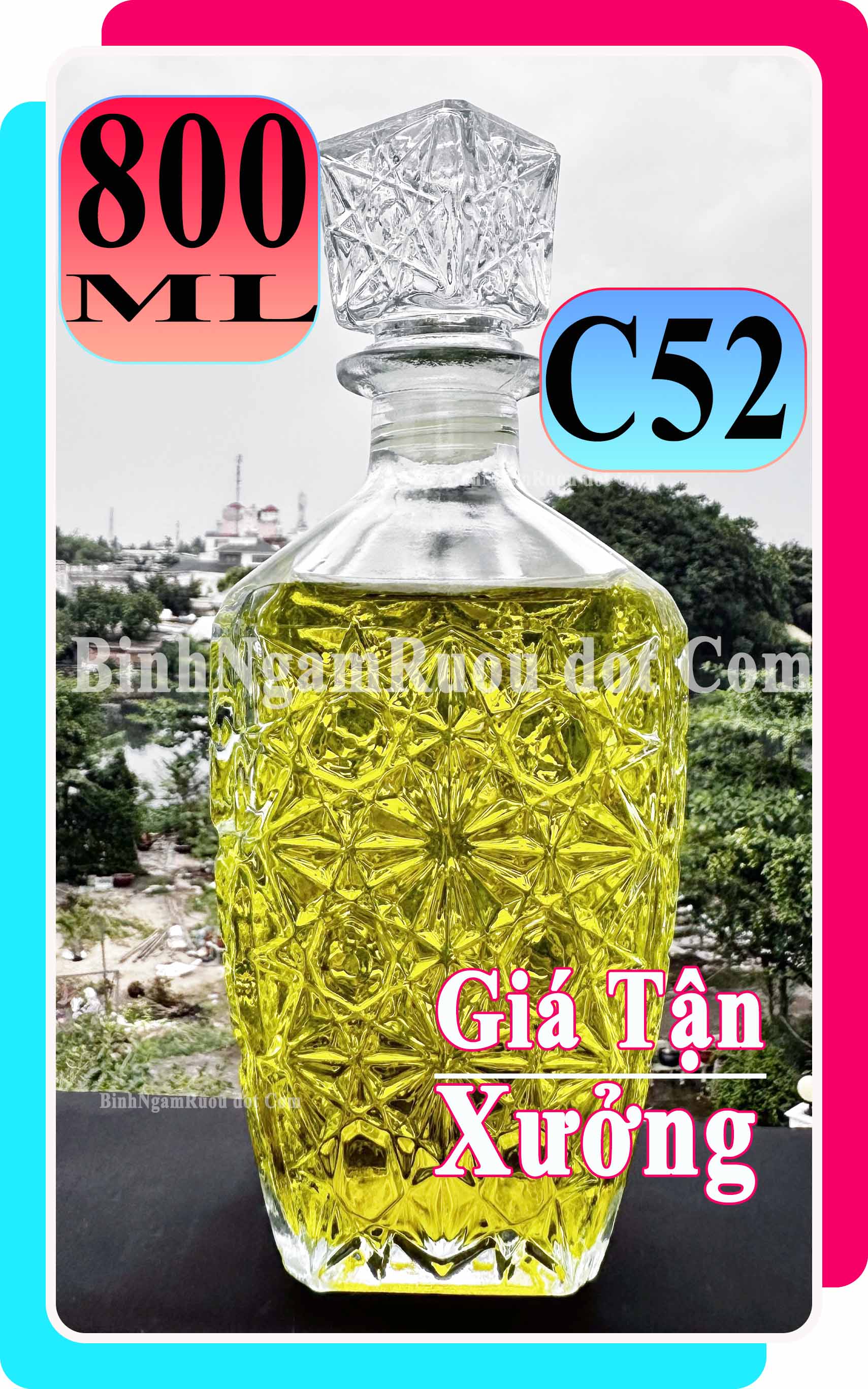 C52 Chai Đựng Rượu Thủy Tinh Dáng Chai Vuông Hoa Văn Nắp Thủy Tinh Sang Trọng - Cao Cấp 800ml - Đẹp Cao Cấp - Nắp Kín Thủy Tinh Trong - Quà Biếu Sang Trọng